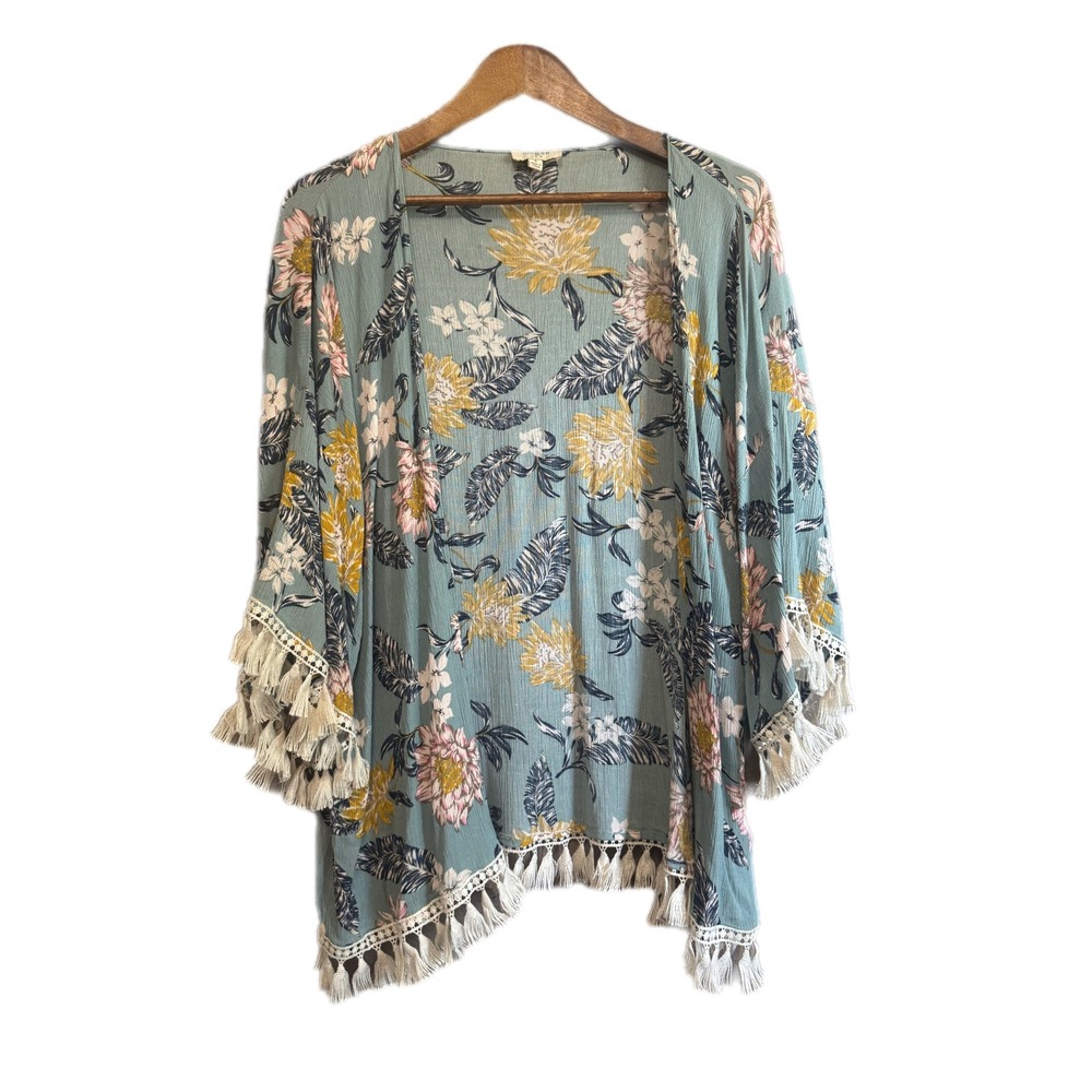 Umgee Kimono Women S‎ Sage Green Floral Tassel Fringe Lace Trim Boho Excellent